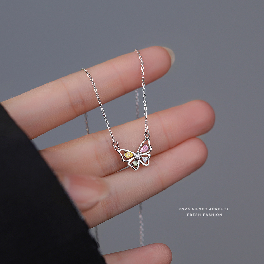 

1pc S925 Sterling Silver Sparkling Zirconia Decor Butterfly Pendant Necklace, Sweet Cute Clavicle Chain For Girls