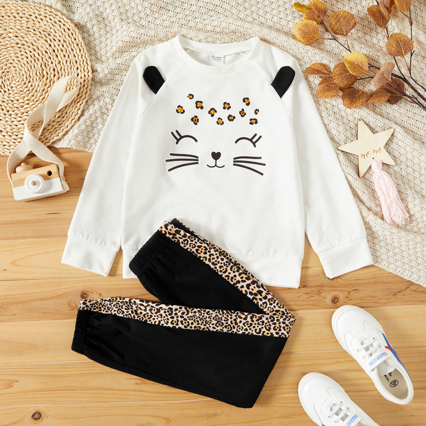 2-piece Kid Girl Animal Cat Print Hoodie Sweatshirt and Colorblock