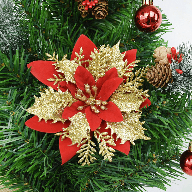 3/5/10pcs 14cm Gold Silver Glitter Poinsettia Flower Artificial Christmas  Flowers Xmas Tree Decor for Home New Year Decor Fake Flower