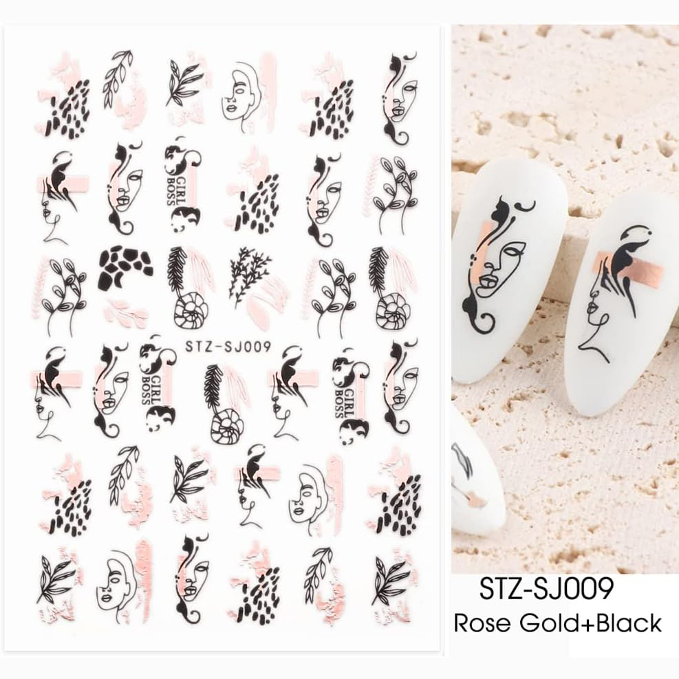 9 Sheets Gold Nail Art Stickers Decals 3D Self Adhesive Pegatinas para Uñas  Black Nine Line Abstract Face Eye Flowers Palm Tree Leaf Design Manicure