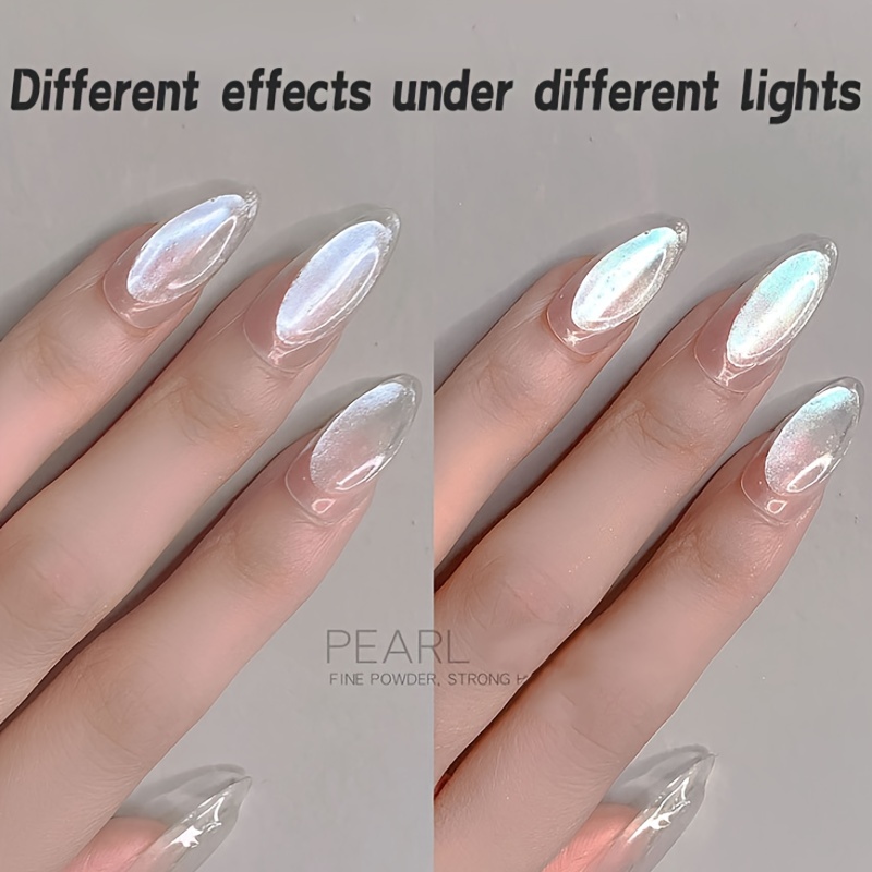 White with chrome powder Unicorn effect White nails