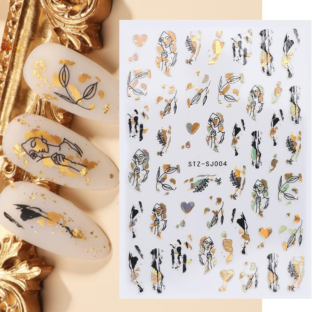 9 Sheets Gold Nail Art Stickers Decals 3D Self Adhesive Pegatinas para Uñas  Black Nine Line Abstract Face Eye Flowers Palm Tree Leaf Design Manicure