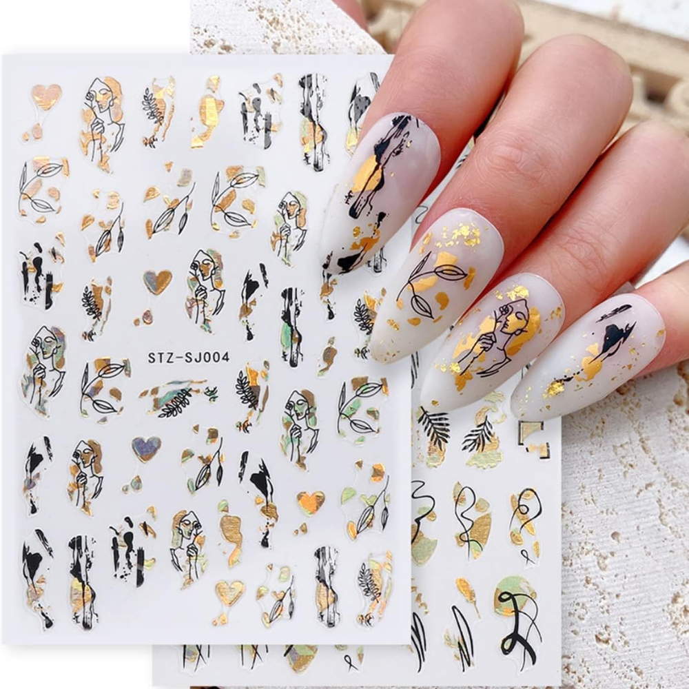 

9 Sheets, Golden Nail Art Stickers Decals, 3d Self Adhesive Pegatinas Para Uñas Black 9 Line Abstract Face Eye Flowers Palm Tree Leaf Design Manicure Tips Nail Decoration For Women Girls