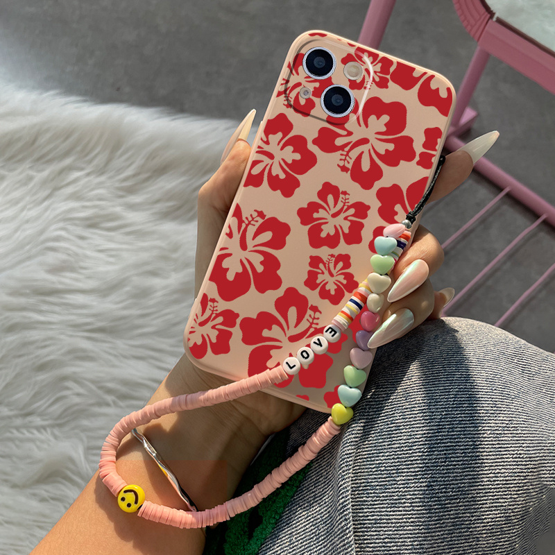 

Red Flower Pattern Phone Case With Lanyard For 11 14 13 12 Pro Max Xr Xs 7 8 6 Plus Mini Luxury Silicone Cover Anti-fingerprint Fall Car Shockproof Compatible Bumper Heart Pink Phone Cases