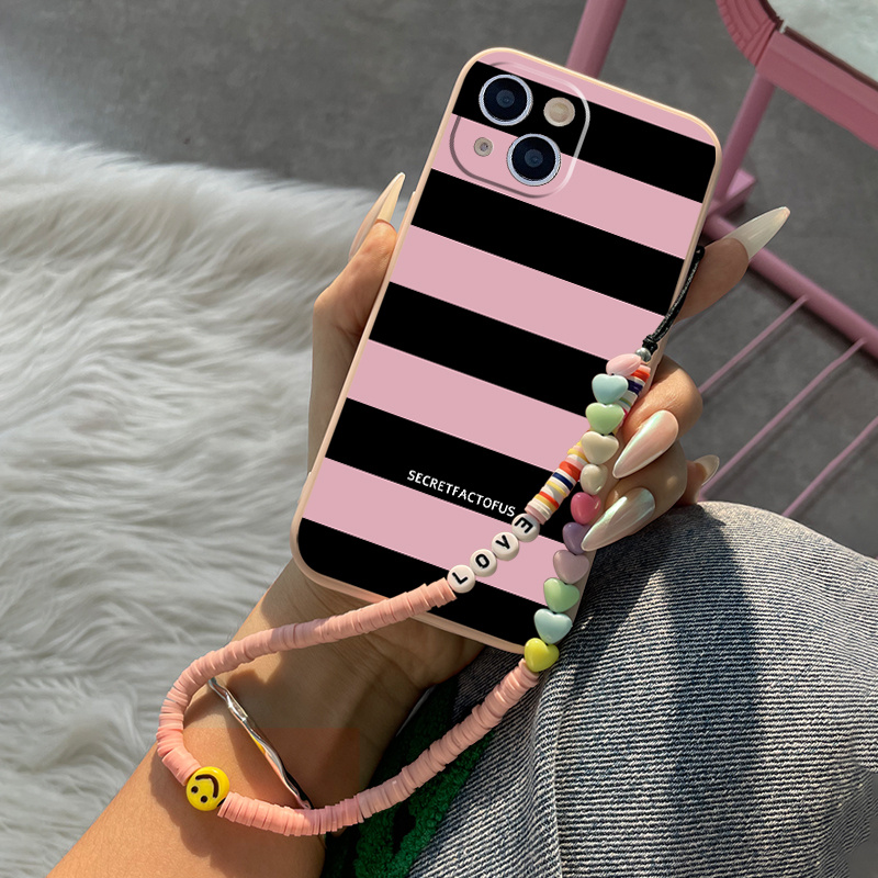 

1pc Phone Case With Pink And Black Stripes Pattern Design And Lanyard Silicone Cover Anti-fingerprint Fall Shockproof For 11 14 13 12 Pro Max Xr Xs 7 8 6 Plus