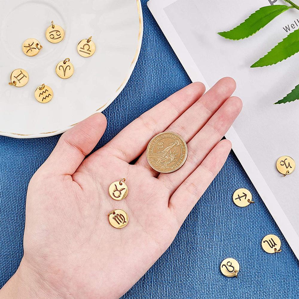 12mm Zodiac Signs Gold Round Zodiac Charms Stainless Steel 