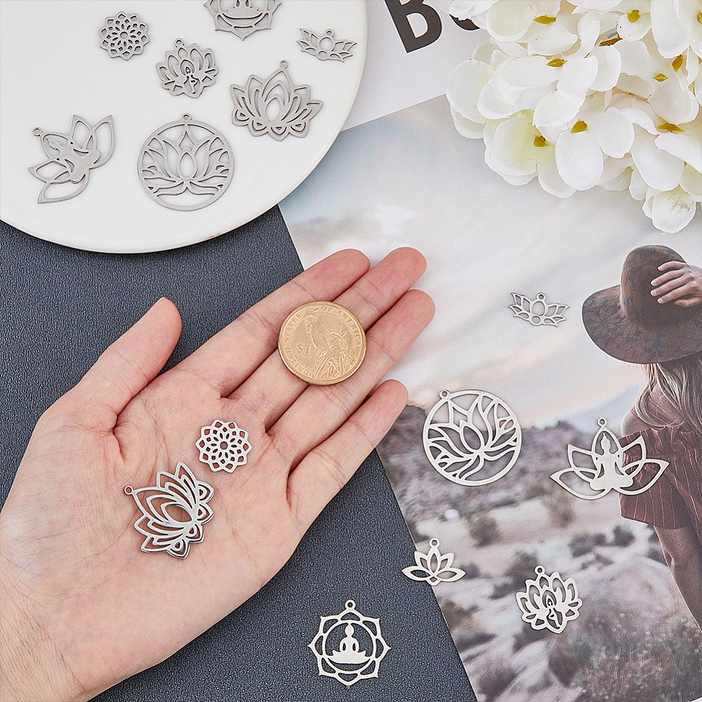 1Box 16pcs 8 Styles Lotus Pendants, Stainless Steel Yoga Flower Charms, Hollow Assorted Shape Lotus DIY Antique Charms, for Earring Bracelet