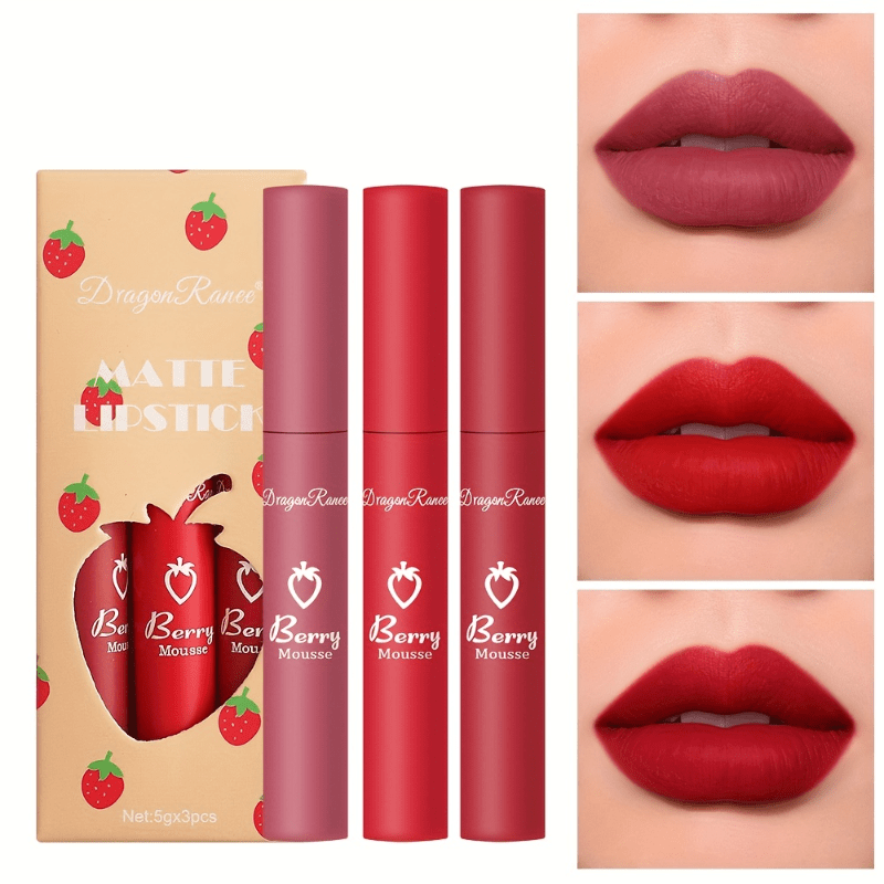 

3 Colors Strawberry Berry Matte Lipstick, Softness Velvet Matte Lip Gloss, Light Weight Non-stick Cup Long Lasting Liquid Lipstick Valentine's Day Gifts