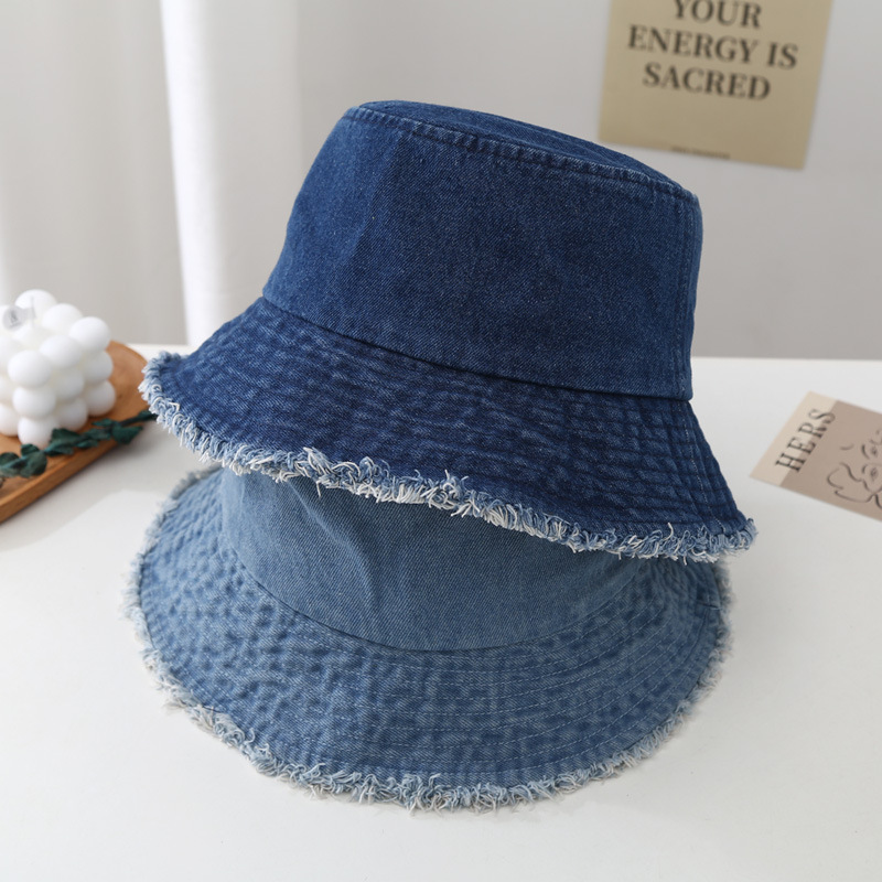 

1pc Unisex Trendy Versatile Distressed Denim Bucket Hat With Raw Edge For Outdoor Vacation Travel