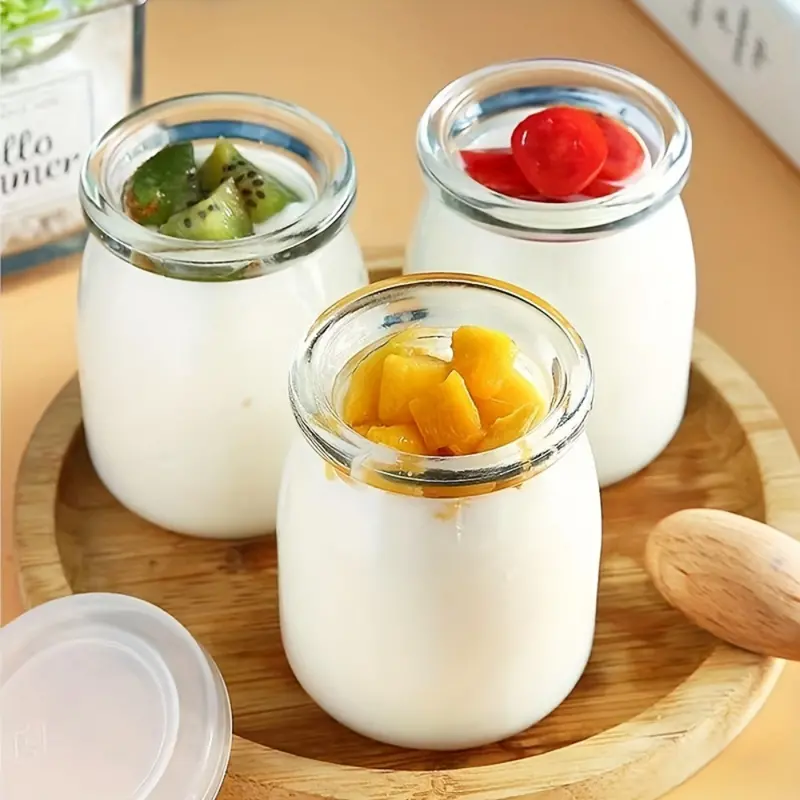 10pcs Glass Yogurt Containers, Home Kitchen Dessert Yogurt Jars With Lids,  Glass Pudding Jars, Heat Resistant Yogurt Glasses With Plastic Lids, Kitche