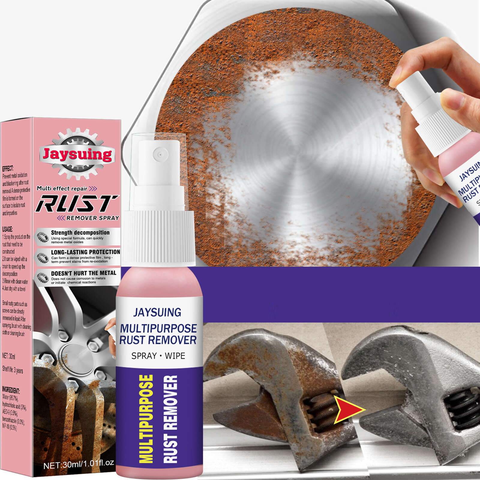  Rust Remover Spray, Multi-functional Wheel Hub Renewal Agent,  Multifunctional Metal Rust Remover, Car Rust Removal Spray, Rust Protection  Spray for Metal, Quickly Clean Car Rust Stains (30ML-1pcs) : Automotive