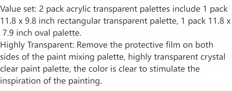 Acrylic Artist Paint Palette 11.8 X 7.9 Inches/30 X 20 Cm Clear Oval  Non-stick Oil Paint Palette Mixing Transparent Easy Clean Art Paint Pallet  2pcs