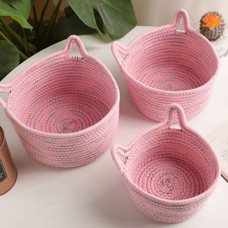 Small Cotton Rope Basket With Cat Ears, Cute Little Storage