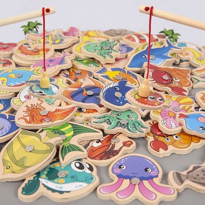 Montessori Giocattoli da pesca magnetici in legno per bambini Cartoni animati Vita marina Cognizione Giochi di pesci Educazione Genitore-figlio interattivo, regalo di Halloween, Natale e Giorno del Ringraziamento
