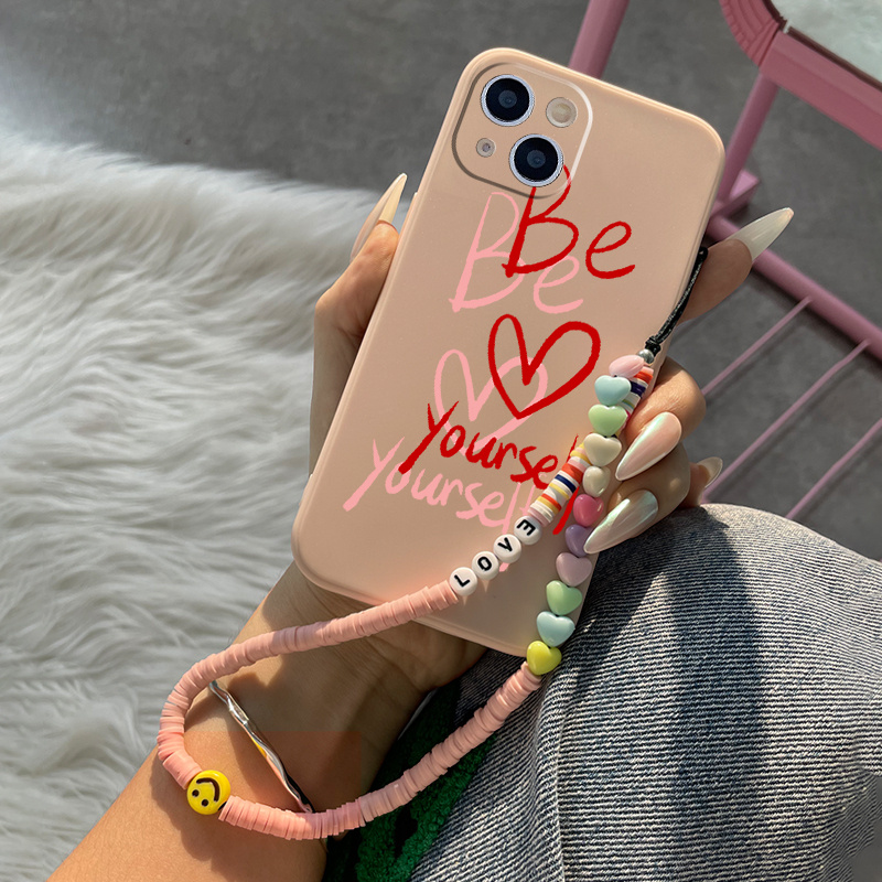 

Heart Yourself Pattern Phone Case With Lanyard For 11 14 13 12 Pro Max Xr Xs 7 8 6 Plus Mini Luxury Silicone Cover Anti-fingerprint Fall Car Shockproof Compatible Bumper Heart Pink Phone Case