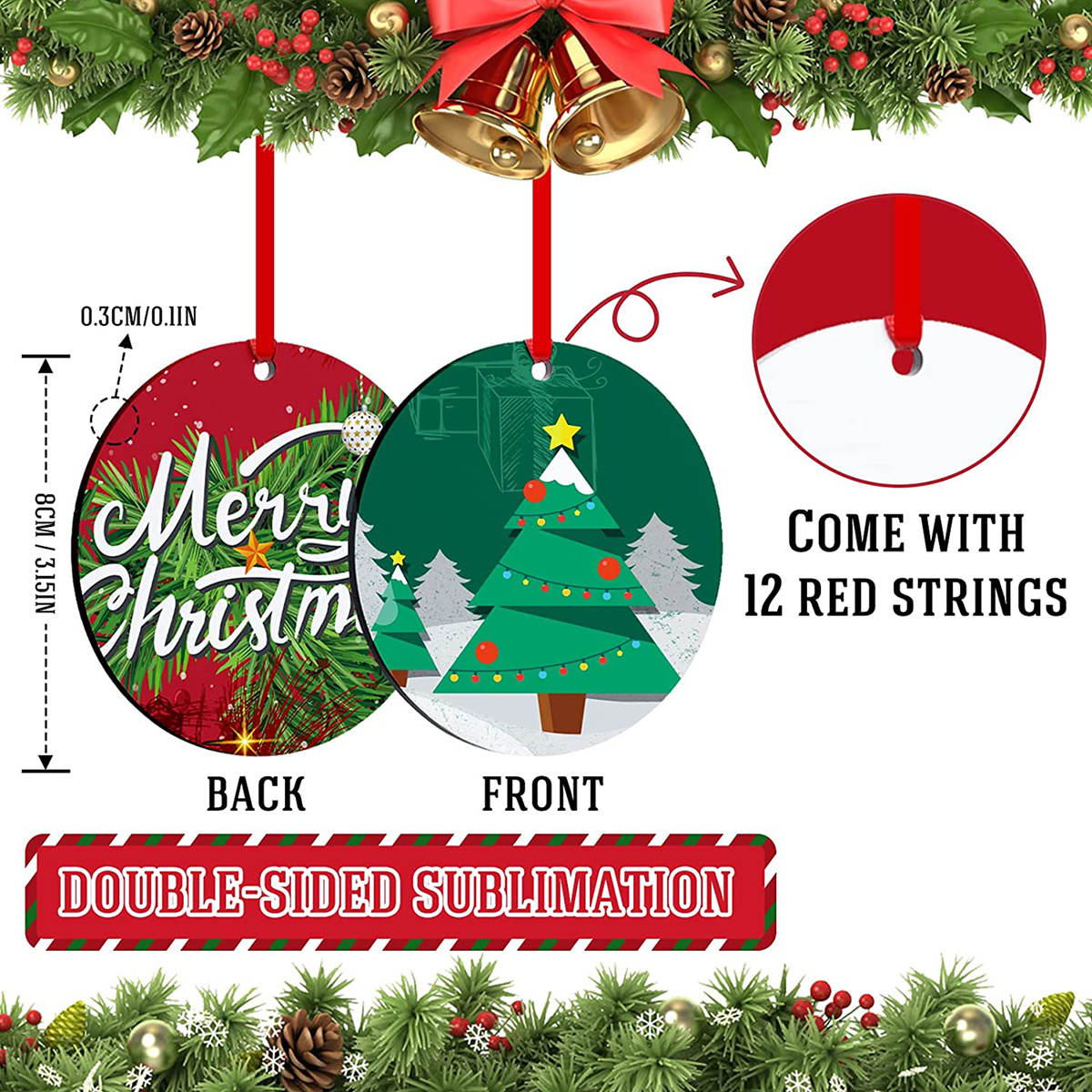 Christmas Sublimation Ornament with Red String Double Sides
