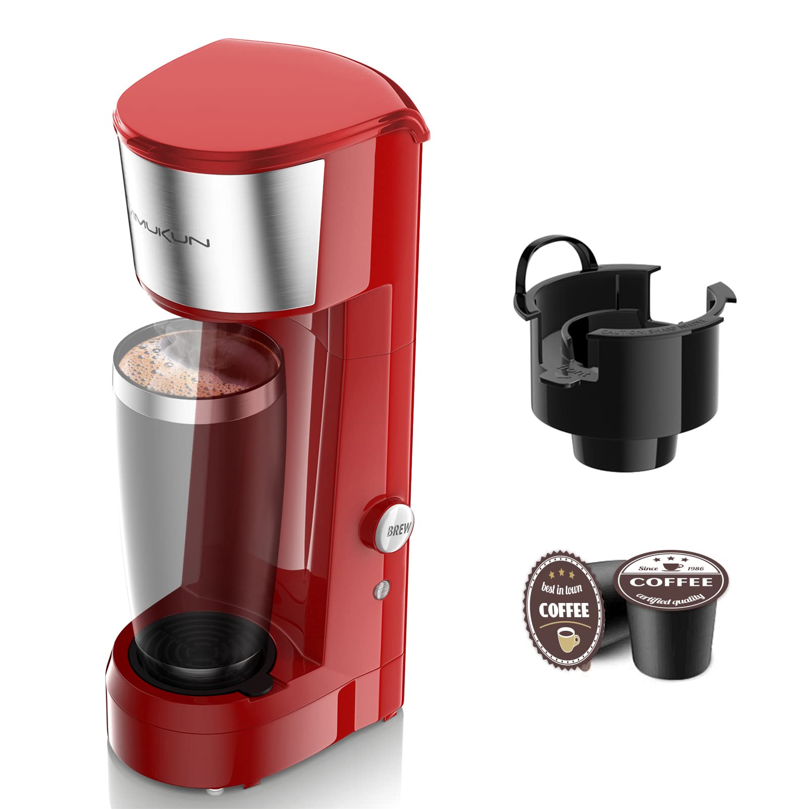 Single Serve Coffee Maker Coffee Brewer 6 to 14 oz With Permanent Filter,  Compatible with Single Cup Pod & Ground Coffee, Red