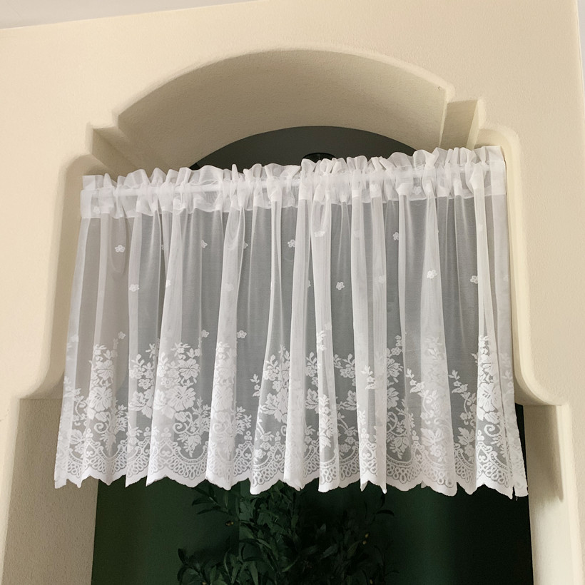 Image of 2pcs White Floral Lace Wave Short Tulle Half Curtains For Living Room Floating Window Sheer Valance Kitchen Cabinet Door Cafe Window Drapes Home Decor