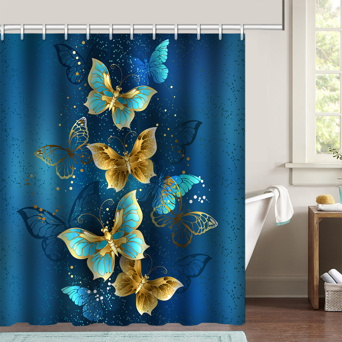 Colorful Butterfly Shower Curtain with 12 Hooks Waterproof