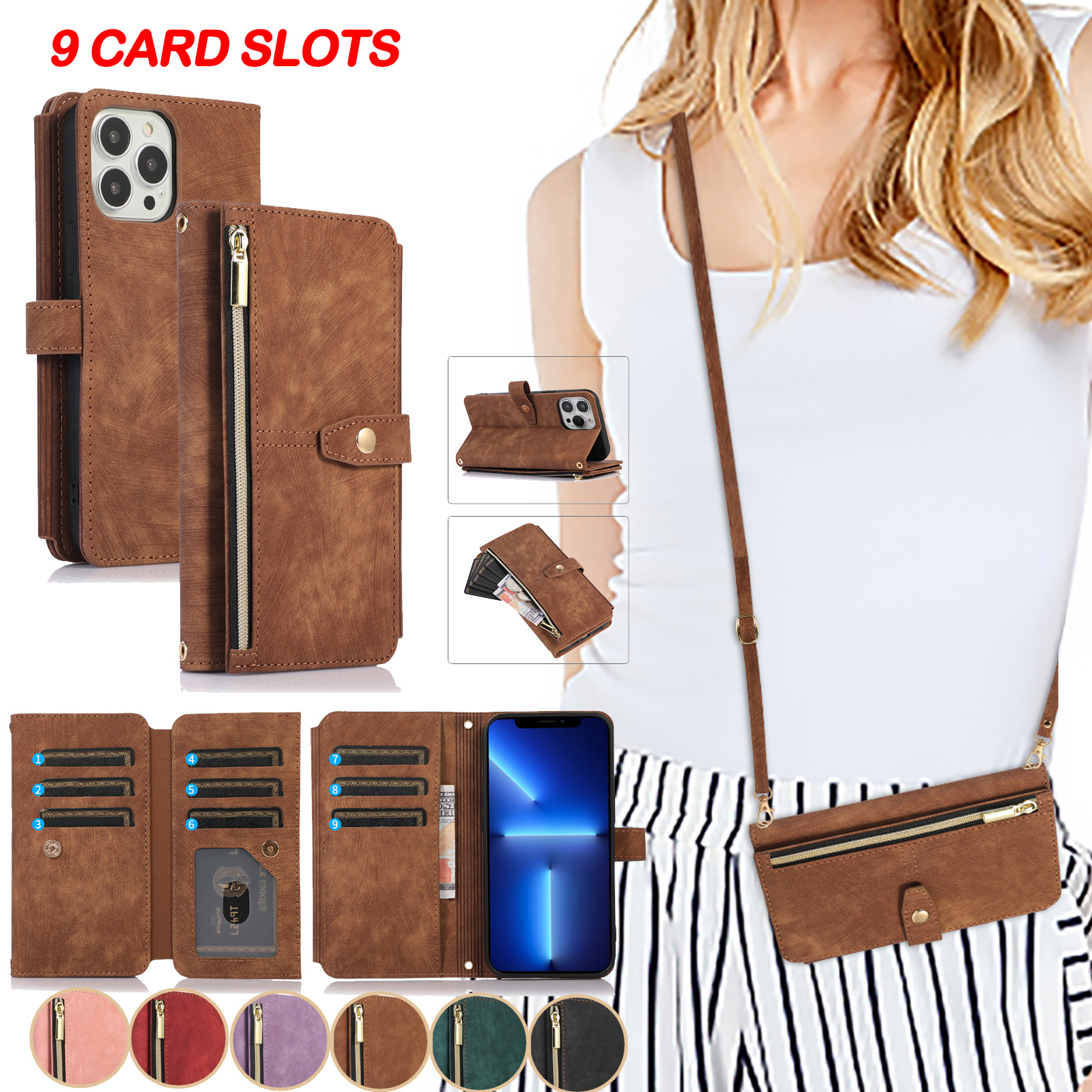 Solid Color Wallet Leather Cross Body Neck Strap Lanyard Phone
