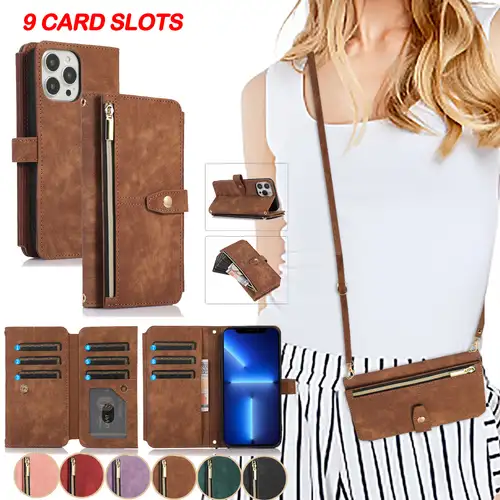 Solid Color Wallet Leather Cross Body Neck Strap Lanyard Phone Case For Iphone  14 Promax 13 11 12 X Xr Xs 7 8 Plus Se3 Card Holder Phone Cover, Free  Shipping, Free Returns