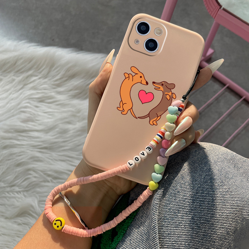

Cartoon Dog & Heart Pattern Phone Case With Lanyard For 11 14 13 12 Pro Max Xr Xs 7 8 6 Plus Mini Luxury Silicone Cover Anti-fingerprint Fall Car Shockproof Compatible Bumper Heart Pink Phone Cases