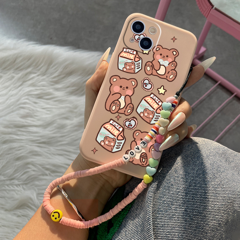 

Cute Bear Pattern Phone Case With Lanyard For 11 14 13 12 Pro Max Xr Xs 7 8 6 Plus Mini Luxury Silicone Cover Anti-fingerprint Fall Car Shockproof Compatible Bumper Heart Pink Phone Cases