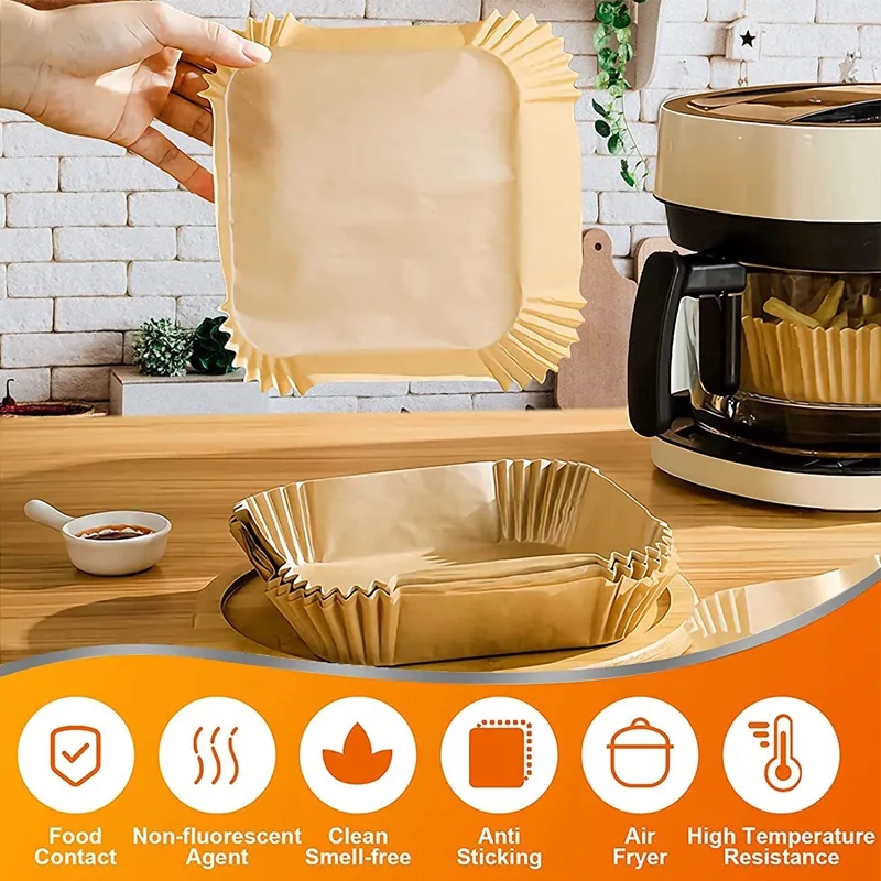 50pcs Air Fryer Disposable Paper Liner, Square Air Fryer Liners, 6.3 Inch  And 7.9 Inch, Non-Stick Disposable Liners, Grease Proof, Waterproof, Food Gr