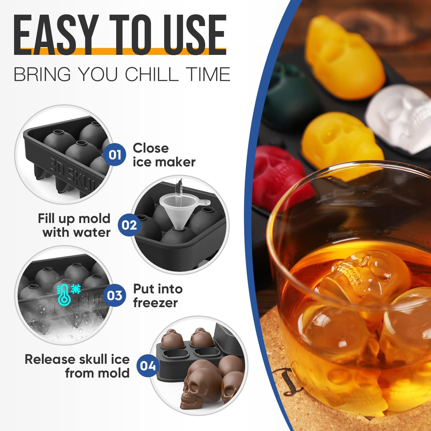 3D Skull Silicone Mold Ice Cube Tray Mould Ice Cube Maker Ice Ball Mold  Whiskey Wine Cocktail Ice Cube Mold Ice Ball Mold