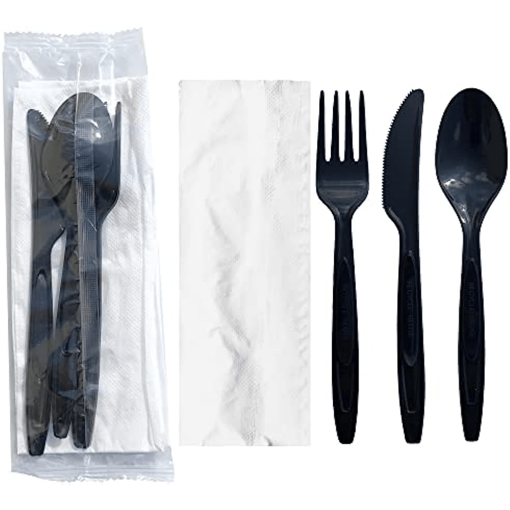 250 paquetes de cubiertos de plástico – Juego de cubiertos de plástico  negro envueltos individualmente, juego de cubiertos de plástico a granel