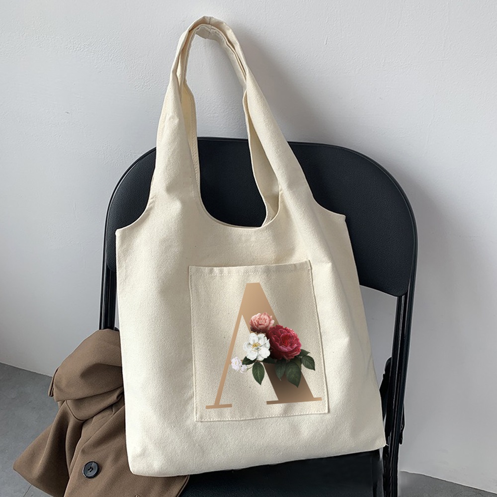 Flower Letter Print Shoulder Bag Canvas Tote Large Capacity