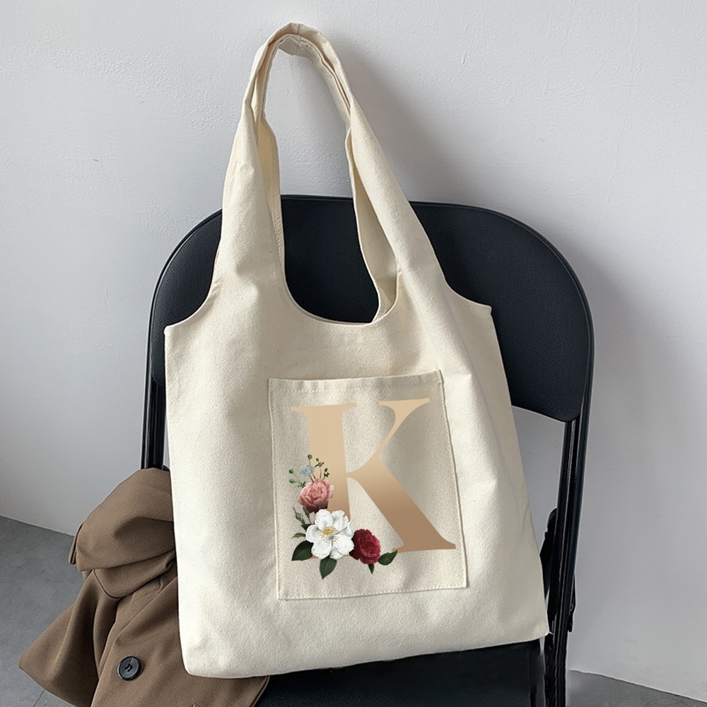 Flower Letter Print Shoulder Bag Canvas Tote Large Capacity