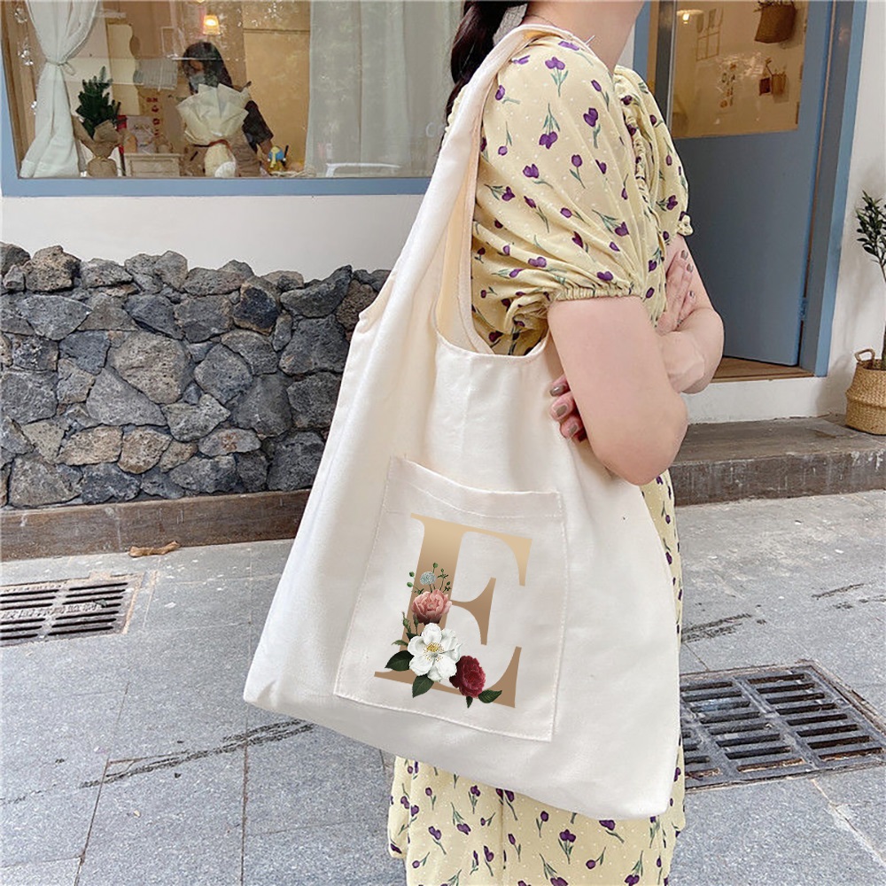 Flower Letter Print Shoulder Bag Canvas Tote Large Capacity