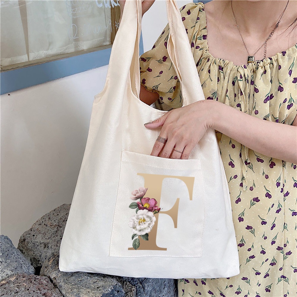 Flower Letter Print Shoulder Bag Canvas Tote Large Capacity
