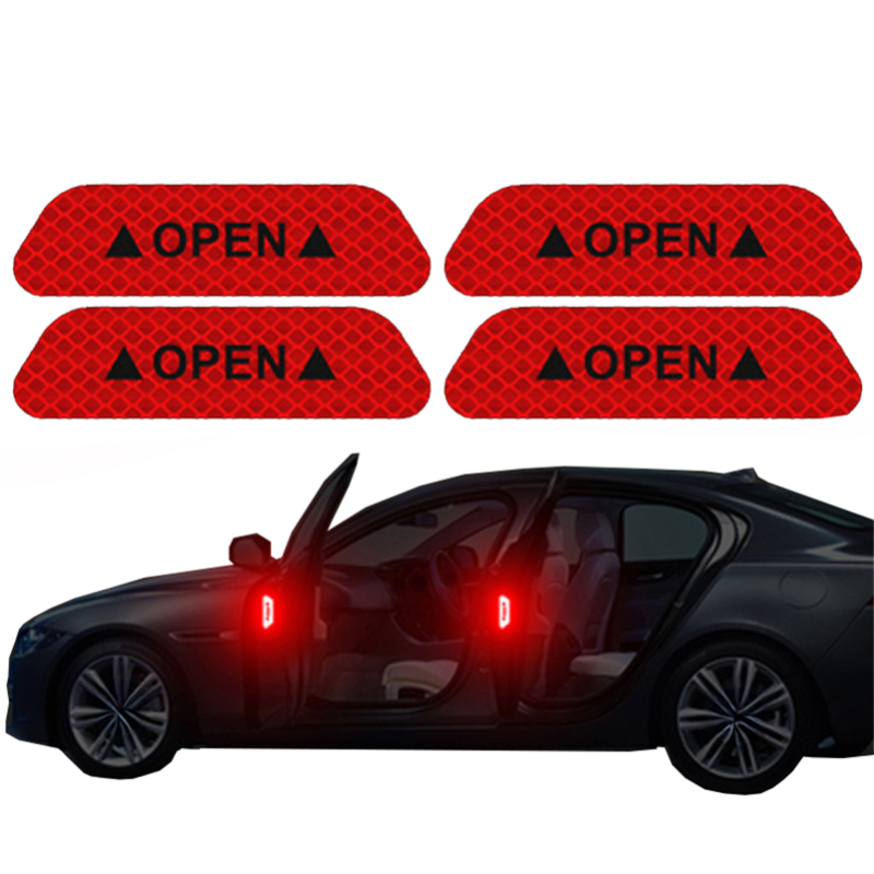 4pcs Car Door Open Prompt Anti-collision Reflective Stickers, Car Tape Conspicuity Safety Caution Warning Sticker for Car Truck Suv(red)