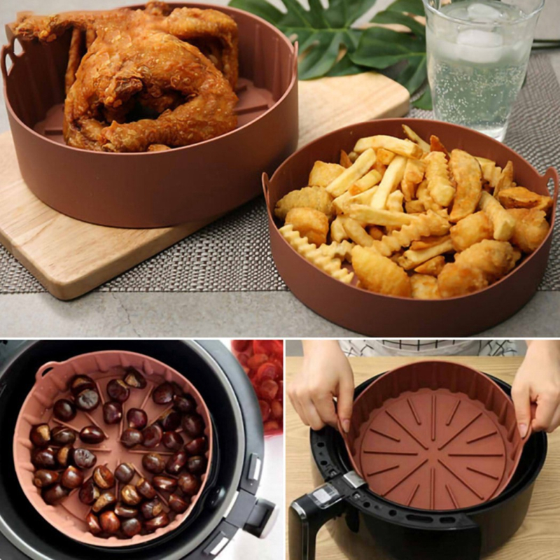 20cm Air Fryer Tray Oven Baking Tray Fried Basket Mat AirFryer Silicone Pot  Round Replacement Grill Pan Bakeware Pizza Pan
