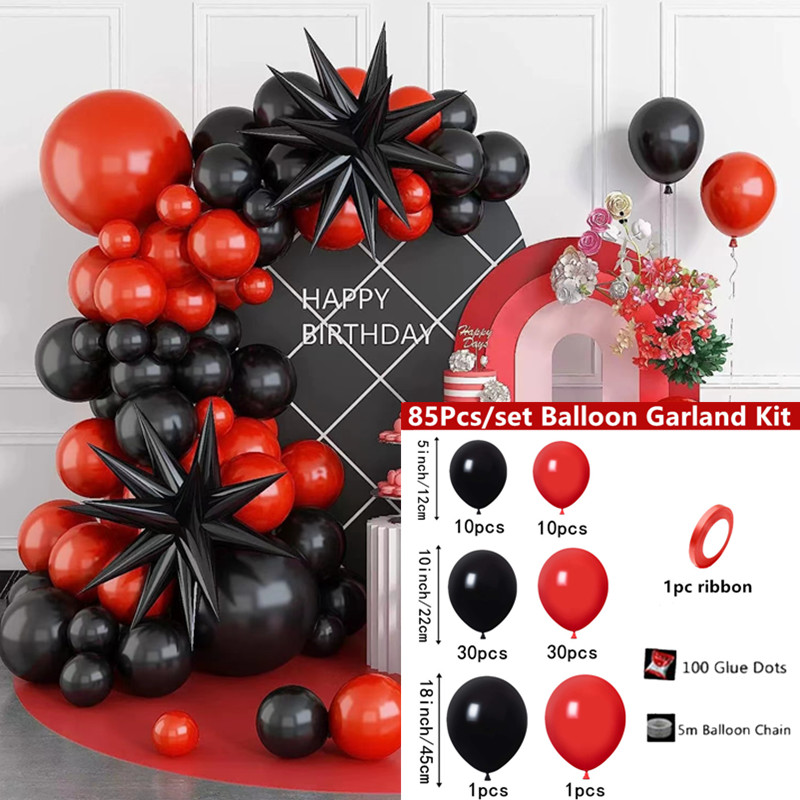 85 pièces, ensemble d'arche de ballons rouge noir, ballon noir, fête  d'anniversaire, fête de mariage, fournitures de fête d'anniversaire,  accessoire p