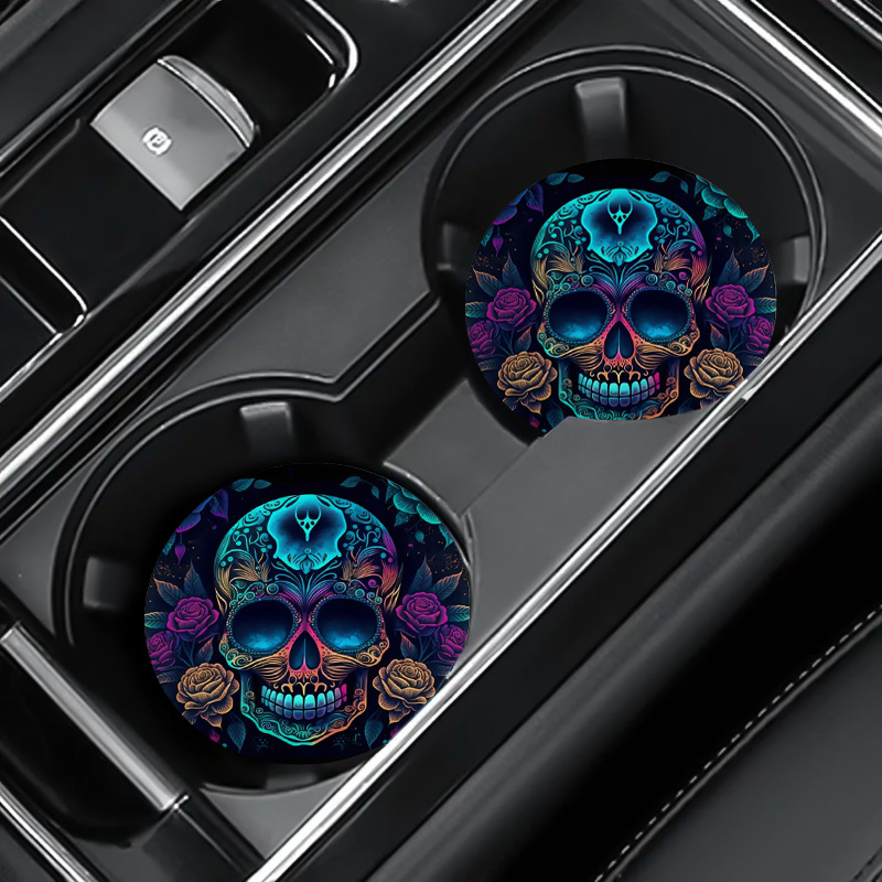 Skull Head Car Cup Holder Coaster purple And Coffee Roses - Temu
