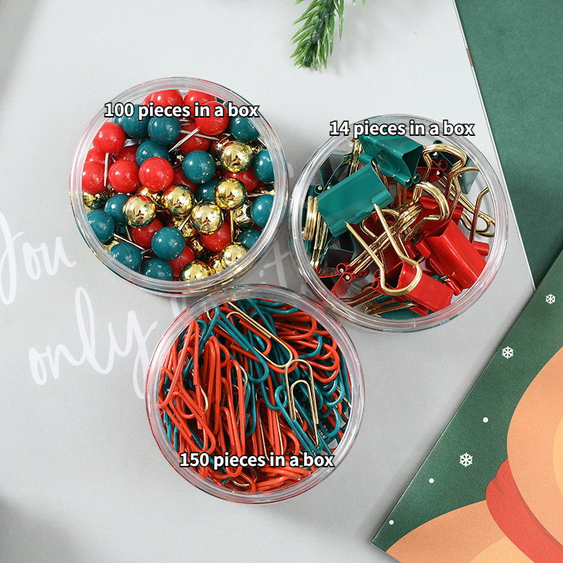 Christmas Stationery Set With 3 Small Compartments Earth Push Pins (12pcs),  Spiral Paper Clips (20pcs) And Extra-long Tail Clips (5pcs)