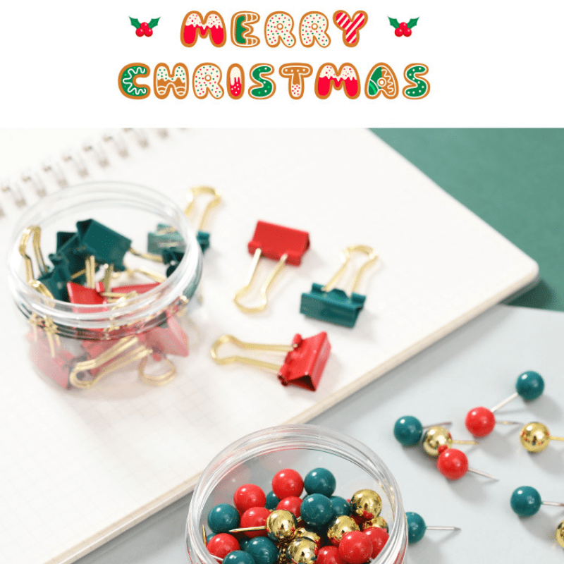 Christmas Stationery Set With 3 Small Compartments Earth Push Pins (12pcs),  Spiral Paper Clips (20pcs) And Extra-long Tail Clips (5pcs)