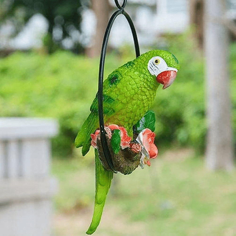 

1pc Garden Hanging Parrot Statue Perching On Branch In Metal Round Ring Animal Model Figurine Sculpture Nature Lovers Tropical Bird Diy Lawn Patio Home Sculpture Tree Decor (green)