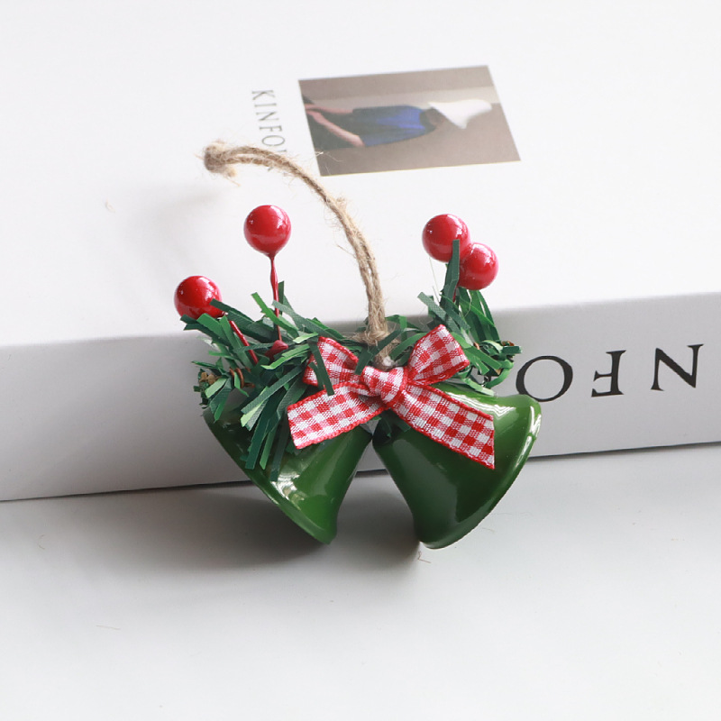Christmas Jingle Bells Ornament 8cm Green Red Iron With Ribbon For
