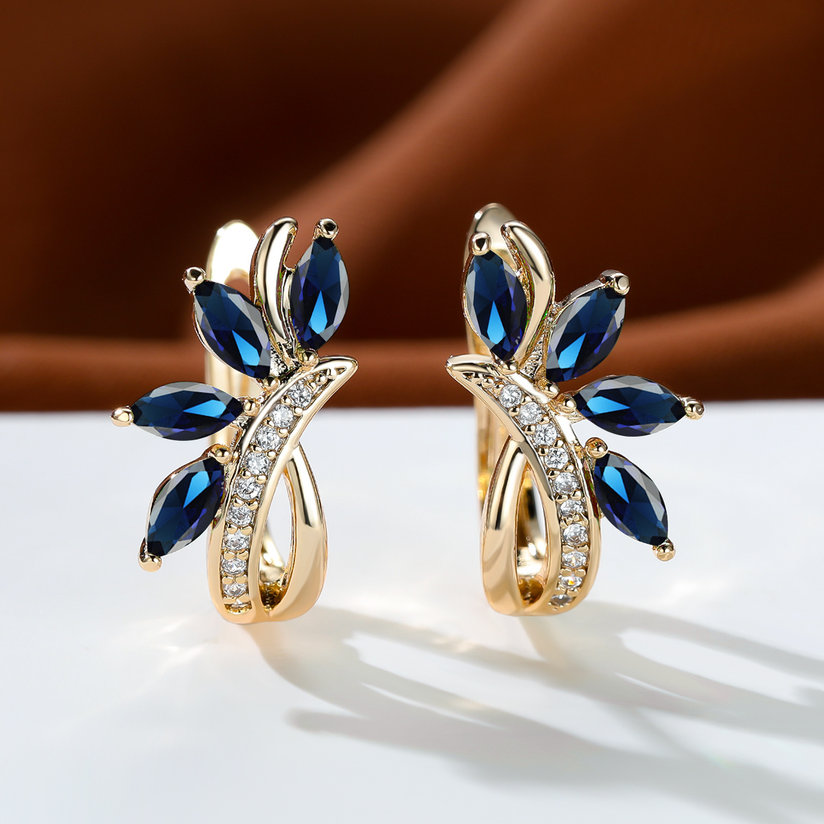 Marquise Cut Green Stone Leaf Clips Earrings