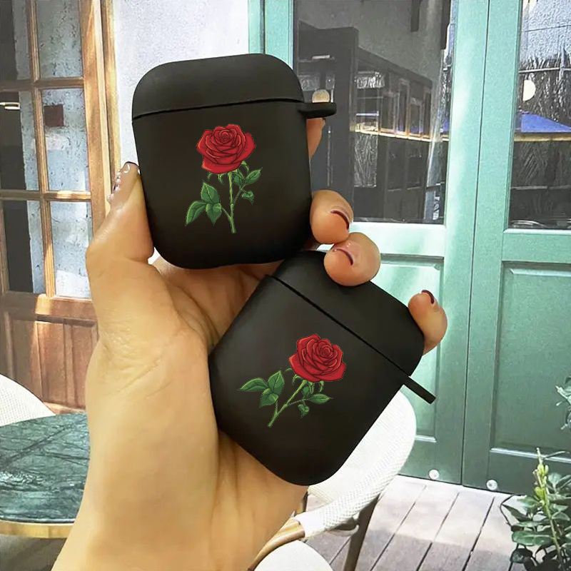 

Red Rose Graphic Earphone Case For Airpods1/2, Airpods3, Airpods Pro, Airpods Pro (2nd Generation) Wireless, Luxury Silicone Cover Soft Protective Cases Anti-fall Black Gifts