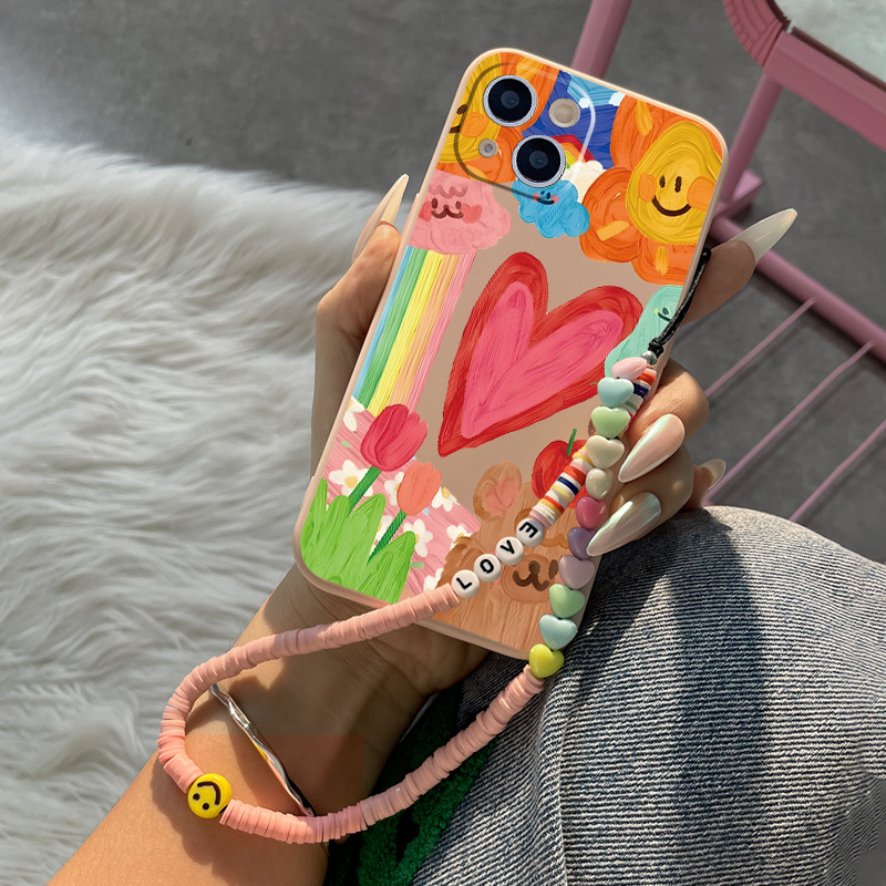 

Heart Pattern Phone Case With Lanyard For 11 14 13 12 Pro Max Xr Xs 7 8 6 Plus Mini Luxury Matte Silicone Original Shockproof Camera Lens Protector Soft Cover