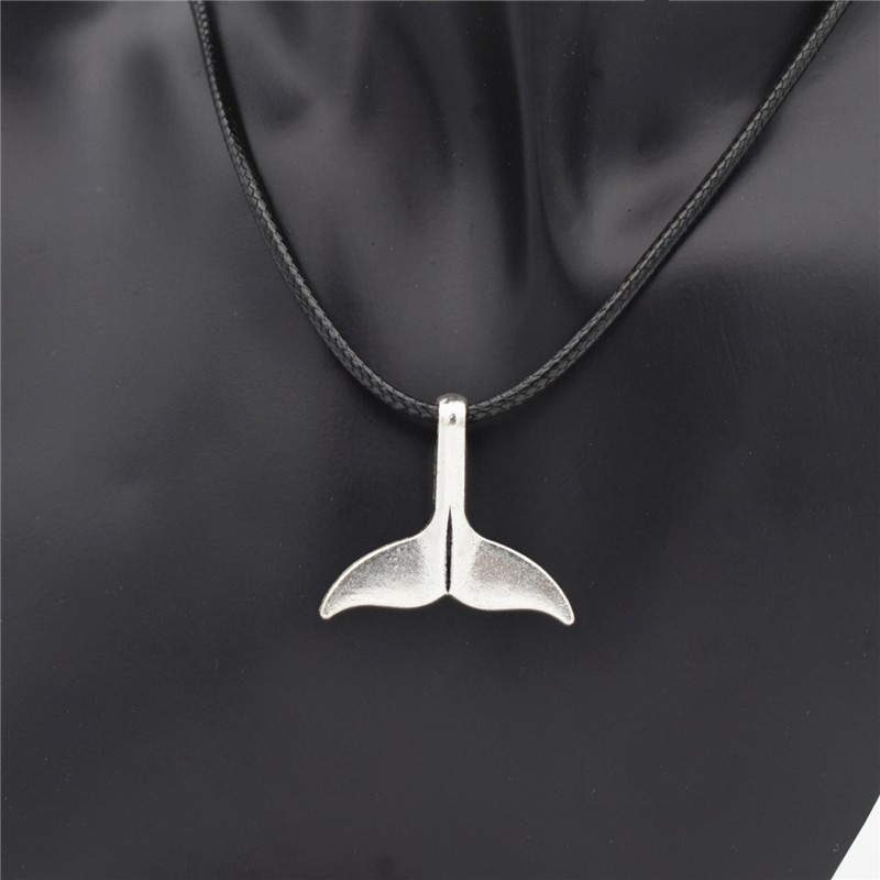 Men Necklace Men Choker Necklace Whale Tail Black Leather 