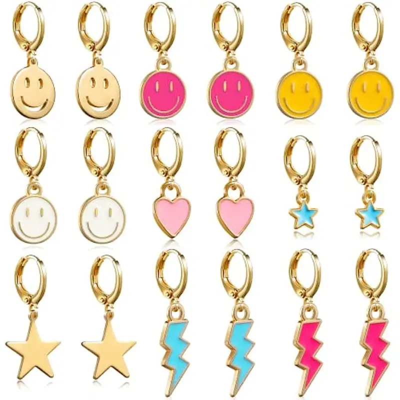 9 Pairs Happy Expression Lightning Heart Star Charms Pendants Hoop Dangle Earrings, Trendy Y2K Jewelry Gifts For Teen Girls Women