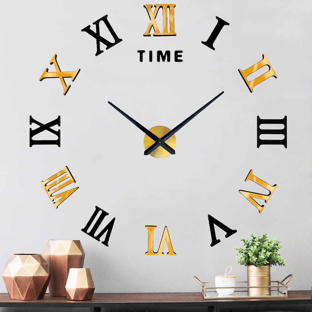 VREAONE Reloj de pared grande 3D DIY, números romanos gigantes, reloj sin  marco, espejo adhesivo para pared, decoración del hogar para sala de estar  y