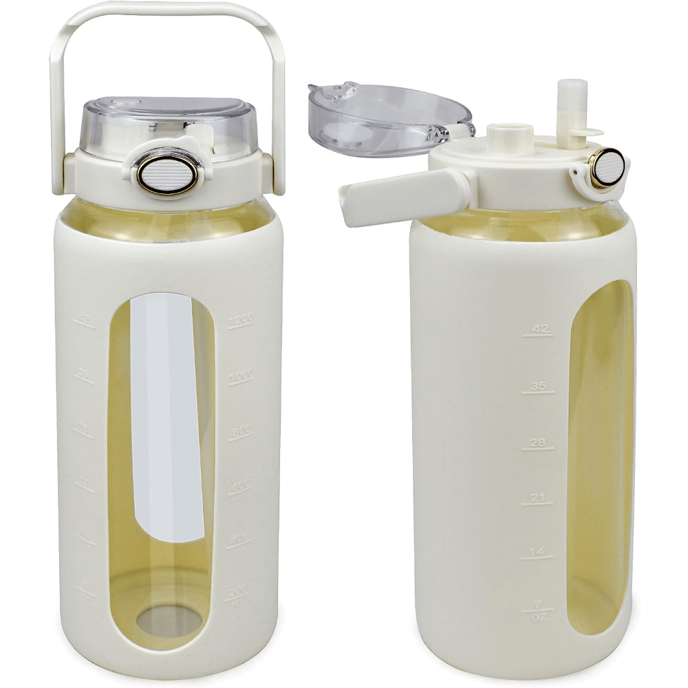 Glass Water Bottle With Straw And Handle Lid, Motivational Glass