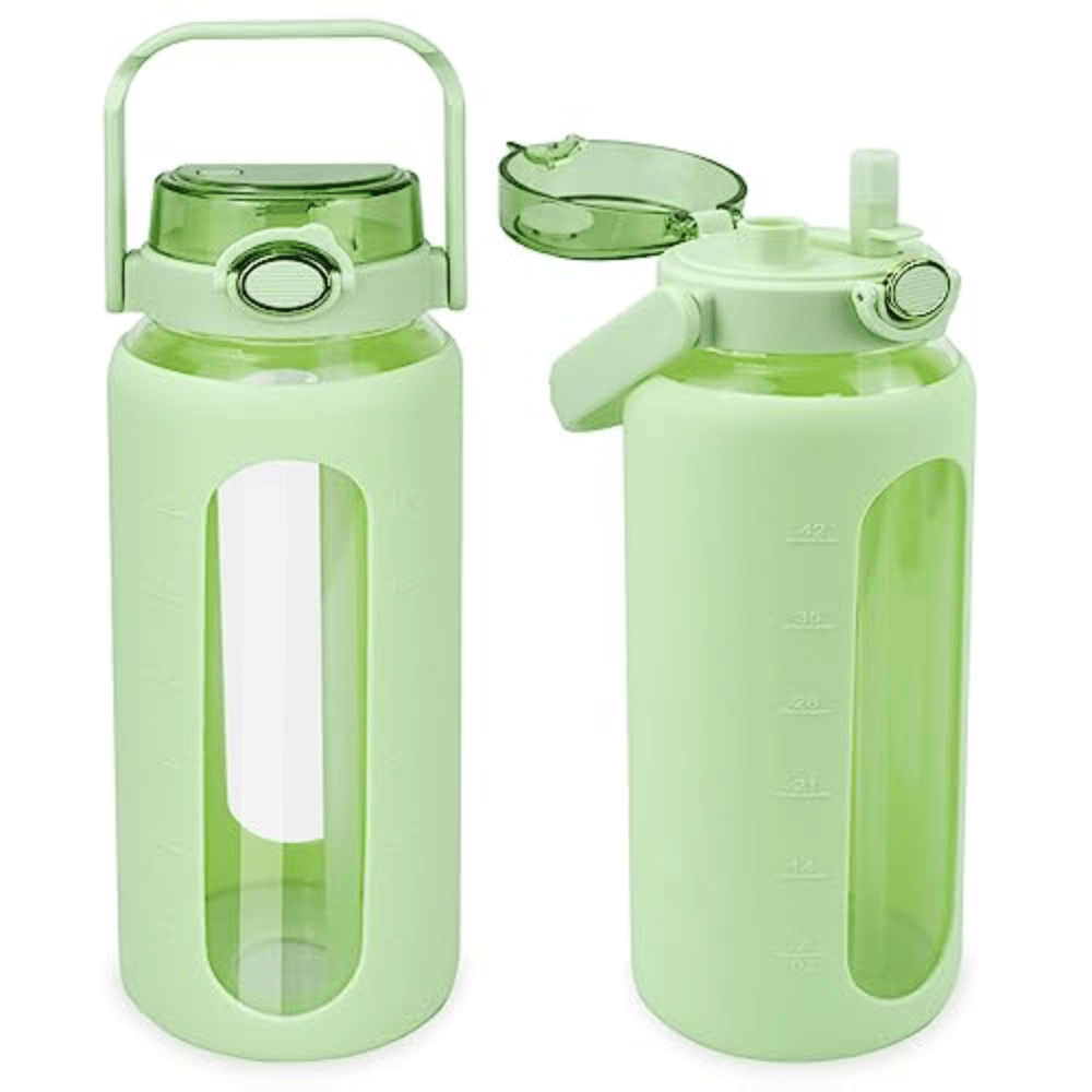 RNCKUUE 64 OZ Glass Water Bottle - Large Resuable Borosilicate Wide Mouth  Glass Drinking Bottles With Time Mark, Sleeve, BPA Free